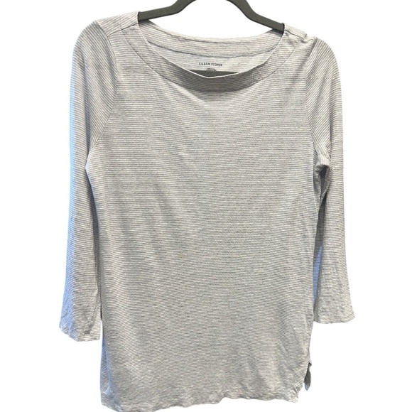 Eileen Fisher Linen Top Pull Over Stripe Boat Neck Flare Sleeves Gray White XS - Picture 4 of 11